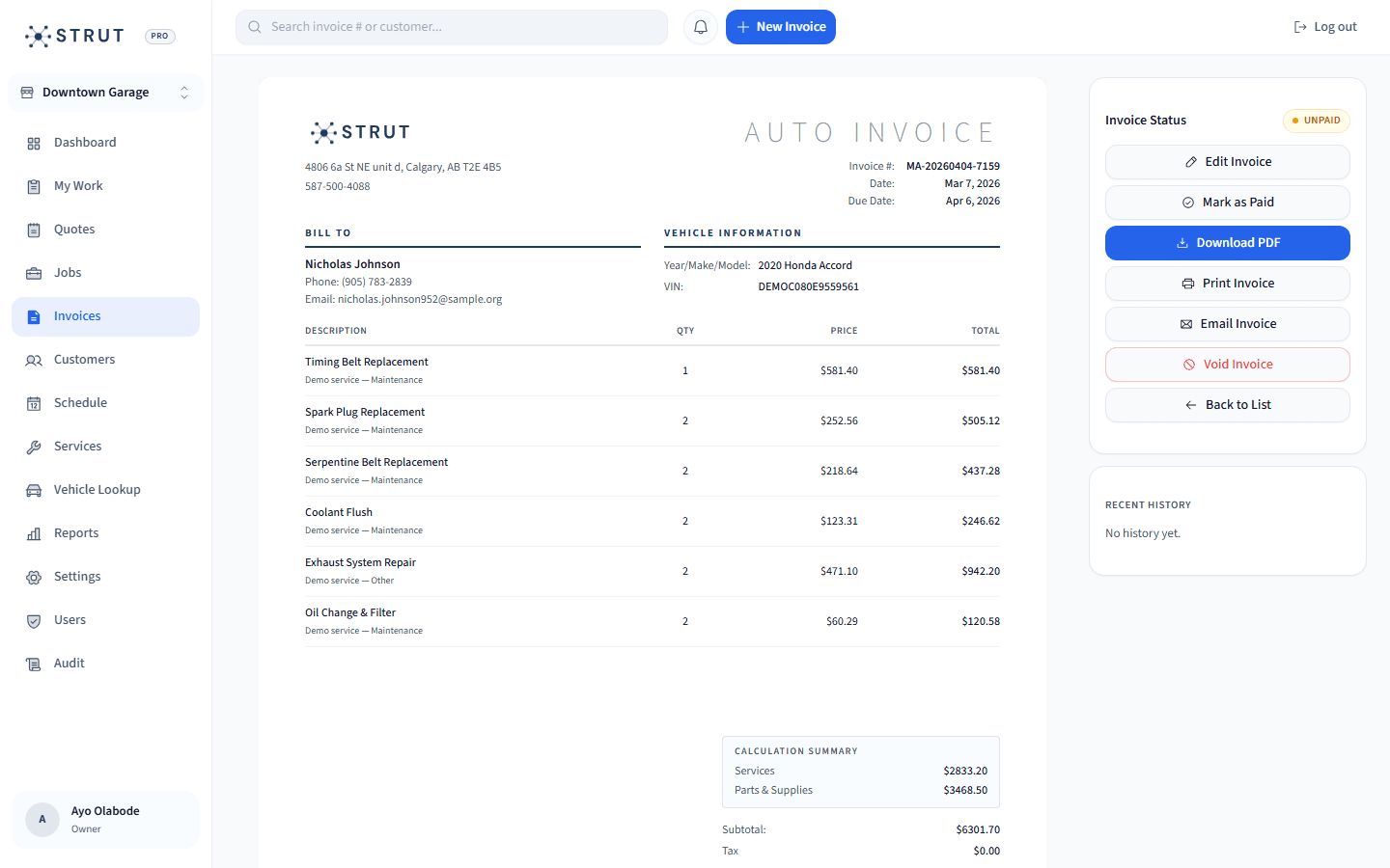 Professional auto repair invoice in Strut showing itemized services, calculation summary, PDF download, print, and payment actions