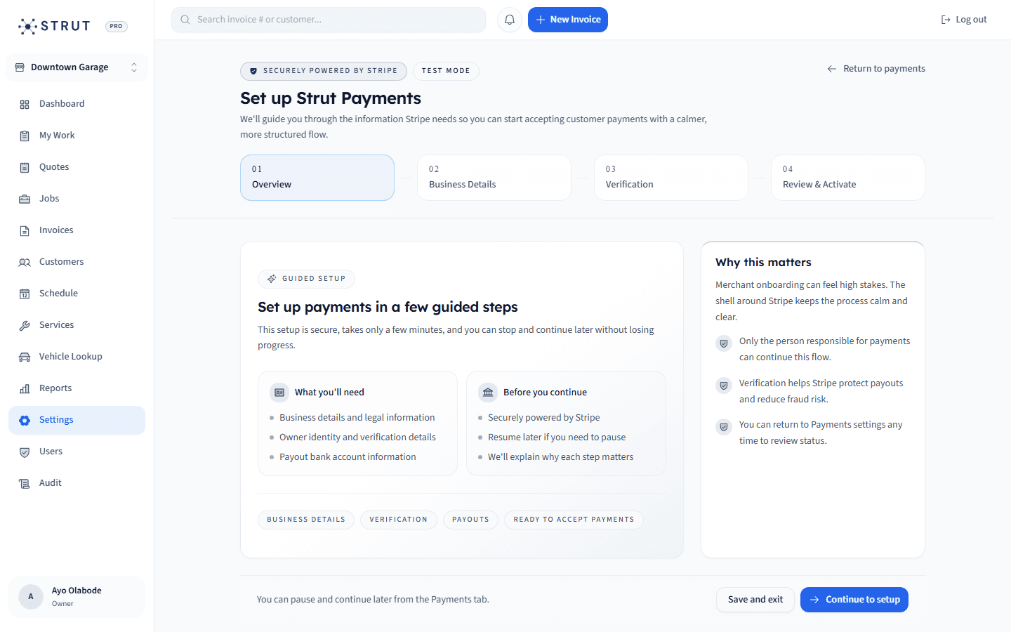 Strut Payments onboarding powered by Stripe for auto repair shops to accept online card payments from invoice emails