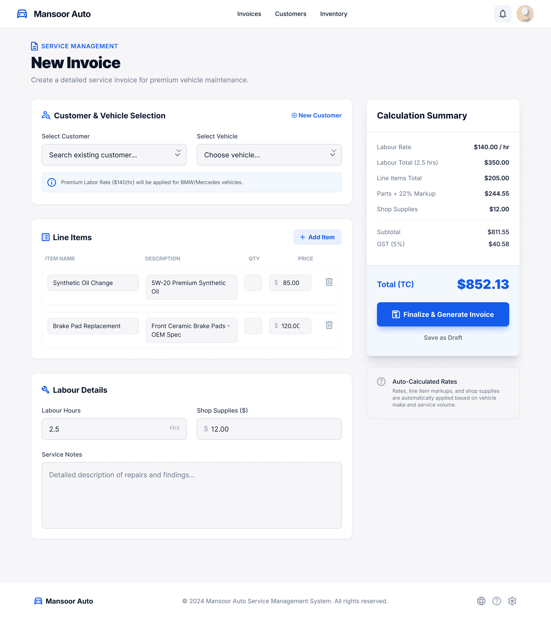 Strut Pay — auto repair invoice creation with labor rates, parts line items, and GST calculation